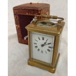 GILT METAL CARRIAGE CLOCK WITH WHITE ENAMEL FACE & DIAL WITH ITS LEATHER CASE Condition