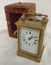 GILT METAL CARRIAGE CLOCK WITH WHITE ENAMEL FACE & DIAL WITH ITS LEATHER CASE Condition
