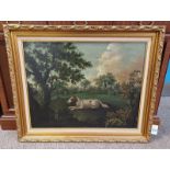 GILT FRAMED OIL ON CANVAS OF A HUNTING DOG RESTING, UNSIGNED,
