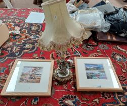 BRASS TABLE LAMP WITH LEAF DECORATION MOUNTED WITH A PORCELAIN FIGURE OF A VICTORIAN GENTLEMAN,