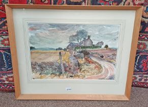 ALEXANDER BURNS - (ARR) OLD FARM ROAD SIGNED FRAMED WATERCOLOUR AND INK 36CM X 56CM