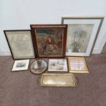 SELECTION OF PRINTS, EMBROIDERY, BRASS SERVING TRAY, 19TH CENTURY SAMPLER, ETC.