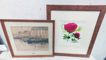 JEAN PICTON, RED TULIPS, SIGNED, LABEL TO REVERSE, FRAMED WATERCOLOUR, 17 X 17 CM,