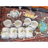 THREE NOVELTY TEAPOTS AND 6 MUGS