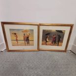 2 JACK VETTRIANO FRAMED PRINTS, COUPLE AT THE BEACH AND DANCING IN THE RAIN,