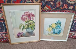 MOLLY BELCHY, 2 FRAMED WATERCOLOURS, BLUE FROG, SIGNED, 27CM X 27CM, AND STILL LIFE OF FLOWERS,