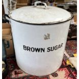 LARGE ENAMEL BROWN SUGAR LIDDED CONTAINER 56CM TALL AND 64CM ACROSS