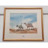 MIDDLE EASTERN GENTLEMAN ON DONKEY 'GUIDING A CAMEL' FRAMED WATERCOLOUR UNSIGNED 33.