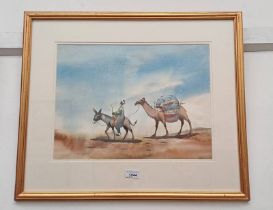 MIDDLE EASTERN GENTLEMAN ON DONKEY 'GUIDING A CAMEL' FRAMED WATERCOLOUR UNSIGNED 33.