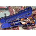 VIOLIN WITH 36CM LONG 2 PIECE BACK, INTERIOR LABEL IN RUSSIAN POSSIBLY,