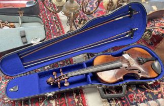 VIOLIN WITH 36CM LONG 2 PIECE BACK, INTERIOR LABEL IN RUSSIAN POSSIBLY,