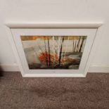 FRAMED PRINT OF AN AUTUMN SCENE, INDISTINCTLY SIGNED,