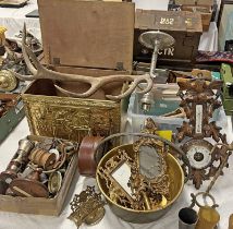 BRASS COAL BUCKET, BRASS JELLY PAN, CARVED WOODEN BAROMETER ANTLER ETC.