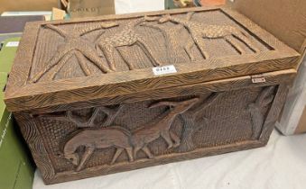 AFRICAN CARVED HARDWOOD BOX DECORATED WITH ANIMALS ,