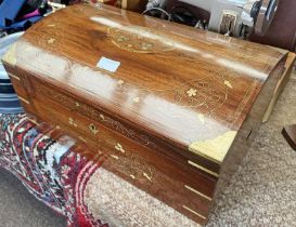 HARDWOOD DOME TOPPED BOX WITH DECORATIVE BRASS INLAY & BRASS FIXTURES,