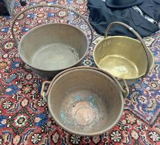 TWO COPPER BODIED JELLY PANS AND A BRASS JELLY PAN -3-