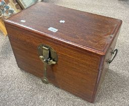 ORIENTAL STYLE MAHOGANY BOX WITH BRASS FITTINGS