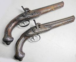 PAIR OF 19TH CENTURY TURKISH PERCUSSION HOLSTER PISTOLS CONVERTED FROM FLINTLOCK,