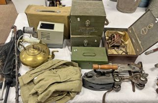 BLOCK IRON, ROLLER SKATES IN BOX, CASH BOX, PROJECTOR, BRASS KETTLE, LANDING NET,