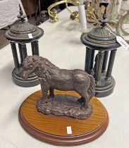 MODEL OF A HORSE SIGNED TENAX & A PAIR OF METAL CLOCK GARNITURES WITH CORINTHIAN COLUMNS -3-