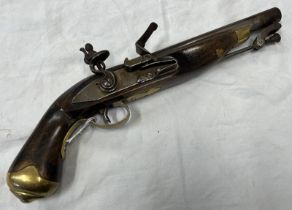 REPRODUCTION FLINTLOCK PISTOL WITH 21CM LONG BARREL AND STAMPED LOCK WITH WOOD STOCK AND BRASS