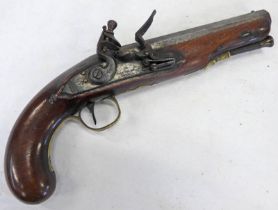 16-BORE FLINTLOCK TRAVELLING PISTOL BY WOOLLEY & CO WITH A 15.