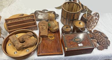 INLAID BOX, METAL BOUND BASKET, CARVED WOODEN FIGURES, CARVED WOOD DISH, COPPER POT ETC.