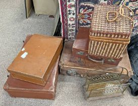 SELECTION OF LEATHER SUITCASES, WICKER BOX,