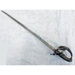 19TH CENTURY DUTCH ARTILLERY OFFICERS SWORD WITH 56CM LONG PIPE BACK BLADE ETCHED WITH CROWNED