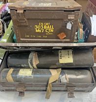 TWO CASED INERT 105MM DRILL ROUNDS IN TUBES IN A METAL CASE WITH ONE OTHER MILITARY TIN -2-