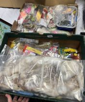 TWO BOXES CONTAINING VARIOUS FLY TYING RELATED ITEMS SUCH AS PELTS, THREADS,