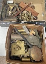 SELECTION OF CLOCK PARTS, WEIGHTS, PICTURE HANGING CHAINS, TABLE SCREWS ETC IN 2 BOXES.