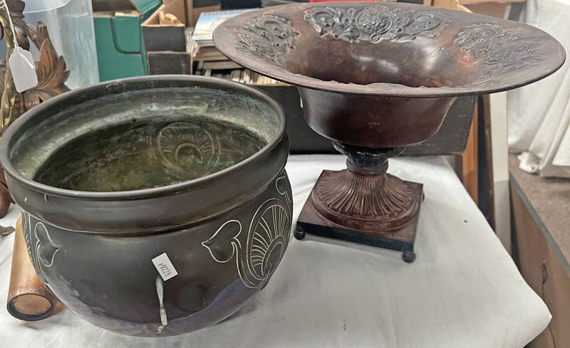 EMBOSSED METAL URN / PEDESTAL DISH AND A ART NOUVEAU STYLE POT -2