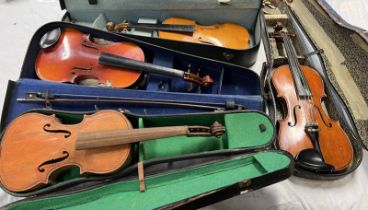 CHINESE VIOLIN WITH 36.5CM LONG 2 PIECE BACK IN CASE & 1 OTHER VIOLIN WITH 34.