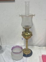 BRASS PARAFFIN LAMP WITH FROSTED GLASS SHADE WITH SPARE SHADE