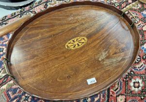 LATE 19TH CENTURY INLAID MAHOGANY SERVING TRAY WITH BRASS HANDLES