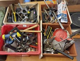 4 BOXES OF VARIOUS TOOLS TO INCLUDE SPANNERS, HAMMERS, RASPS, SOCKET WRENCH SET PIECES,