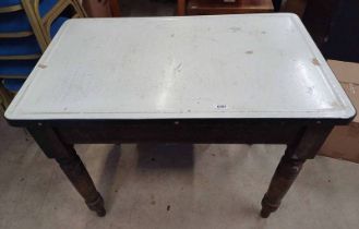 OAK TABLE WITH SINGLE DRAWER & METAL TOP