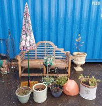 GOOD SELECTION OF GARDEN PLANTERS IN VARYING SIZES, PARASOL & STAND,
