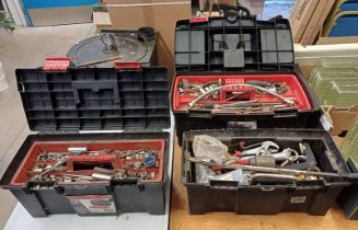 3 TOOL BOXES WITH CONTENTS OF VARIOUS TOOLS TO INCLUDE MAFCO BRAKE PINE FLARING, SOCKET SET PIECES,