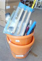 GOOD SELECTION OF TOOLS, 2 BUCKETS, METER STICK,,