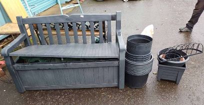 PLASTIC GARDEN BENCH WITH LIFT-UP SEAT & SELECTION OF PLANT POTS IN VARIOUS SIZES