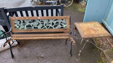 WOODEN GARDEN BENCH WITH DECORATIVE CAST METAL PANEL & ENDS,