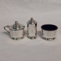 3 PIECE SILVER CRUET WITH BLUE GLASS LINERS RETAILED BY HARRODS,