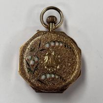 14K GOLD OCTAGONAL FOB WATCH WITH FLORAL ENAMEL DECORATION TO REVERSE & GOLD DECORATED ENAMEL DIAL