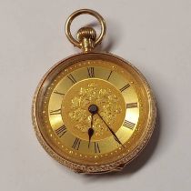 14K GOLD FOB WATCH WITH FLORAL ENGRAVED CASE & DIAL - 3.2CM DIAMETER, 28.