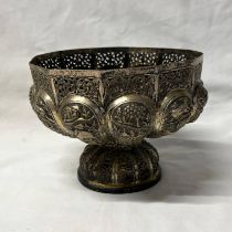 CHINESE WHITE METAL PEDESTAL BOWL WITH RELIEF MOULDED DECORATION DEPICTING DEITIES & ANIMALS - 15