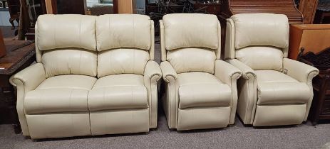 CREAM LEATHER 3 PIECE RECLINING LIVING ROOM SUITE LABELLED CELEBRITY