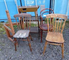 BENTWOOD CHAIR, PAIR OF SPINDLE BACK CHAIRS, PINE STOOL,