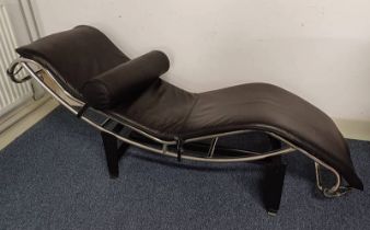 MID 20TH CENTURY CORBUSIER STYLE BLACK LEATHER & CHROME CHAISE LONGUE